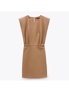 Structured Cap Sleeve Leather Shift Dress in Camel
